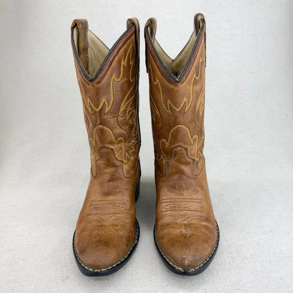 Old West Kids Tan Leather Cowboy Boots Western Pointed Toe 8129 Size 12D Costume